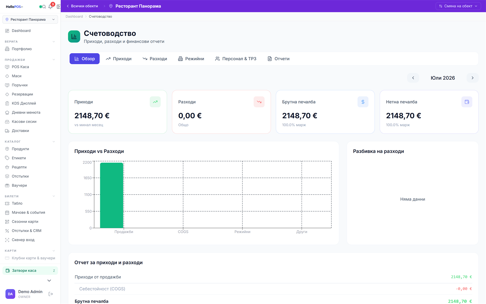 Счетоводство в HelloPOS — приходи, разходи, брутна и нетна печалба с графика по месец